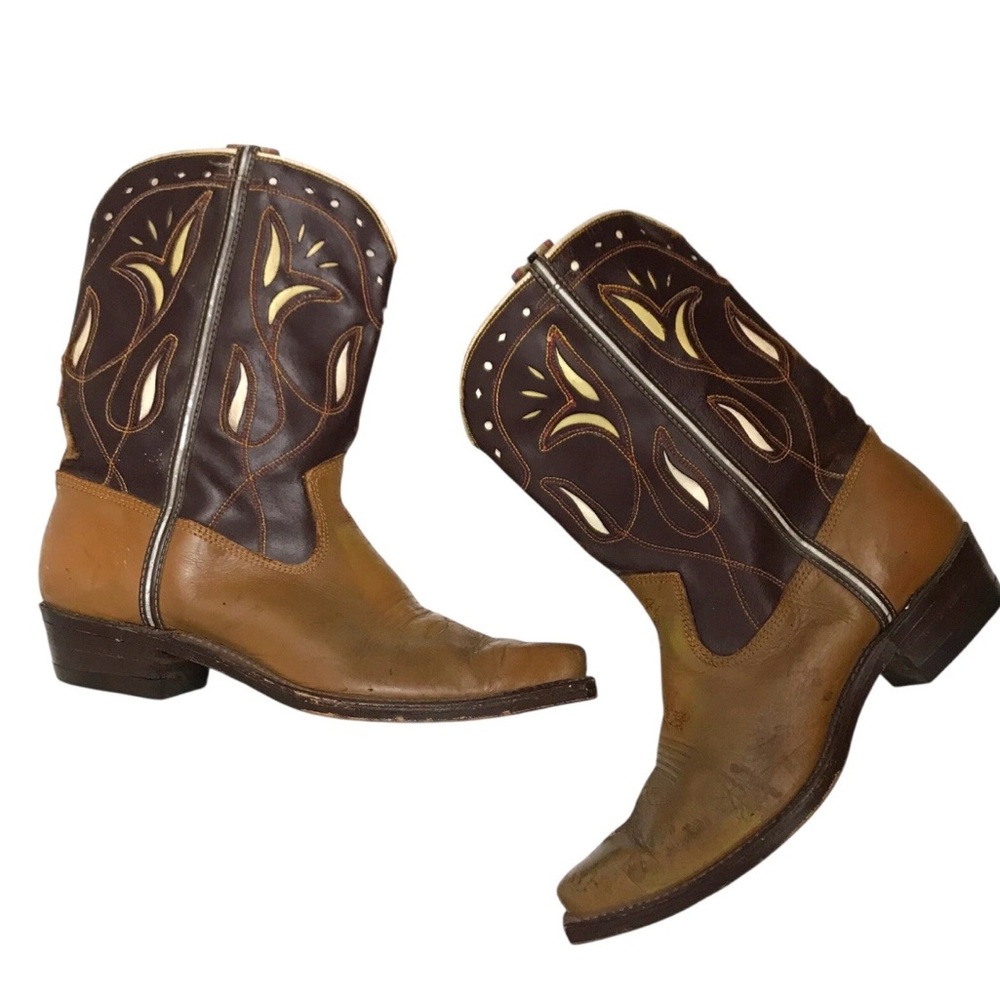 Vintage Pee Wee Short Brown Inlay VintageCowboy Boots Womens 7-7.5 acme lucchese